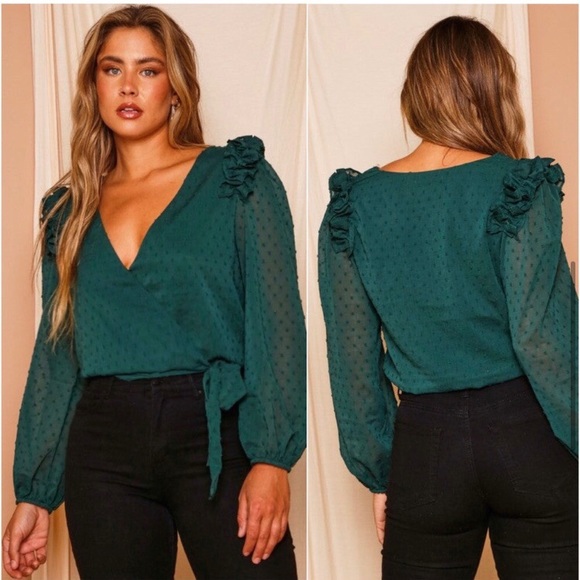 Women’s hunter green Swiss dot surplice holiday wrap blouse top - Picture 4 of 7